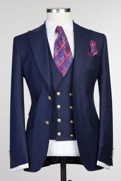 Dark Navy 3-Pieces Men Suit with Peaked Lapel