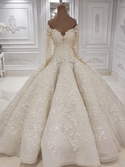 Ball Gown Off-the-shoulder Long Sleeves Court Train Wedding Gown With Appliques
