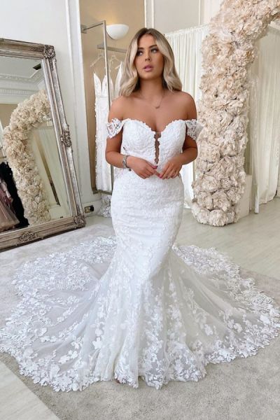 Mermaid Off-the-shoulder Sleeveless Sweep / Brush Train Lace Bridal Dress With Lace