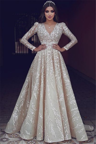 A-line V-neck Long Sleeves Sweep / Brush Train Wedding Gown With Appliques