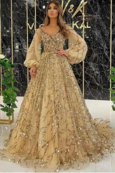 A-line Jewel Neck Long Sleeves Floor-length Formal Dress With Gilding