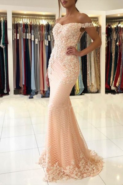 Pink Lace Appliques Mermaid Evening Dress with Off-the-Shoulder Design -  and