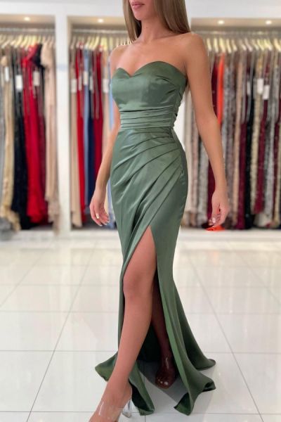 Mermaid Strapless Sleeveless Floor-length Stretch Satin Formal Dress With Ruffles