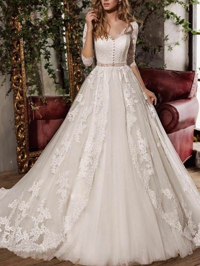 A-line V-neck Sweep / Brush Train Tulle Wedding Gown With Buttons