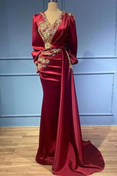 Mermaid V-neck Long Sleeves Floor-length Stretch Satin Evening Dress With Crystal