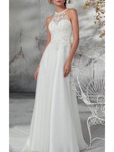 A-line Straps Court Train 100D Chiffon Bridal Gown With Buttons