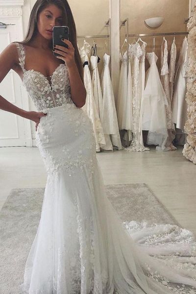 Mermaid Sweetheart Neck Sweep / Brush Train Tulle Wedding Gown With Three dimensional decoration