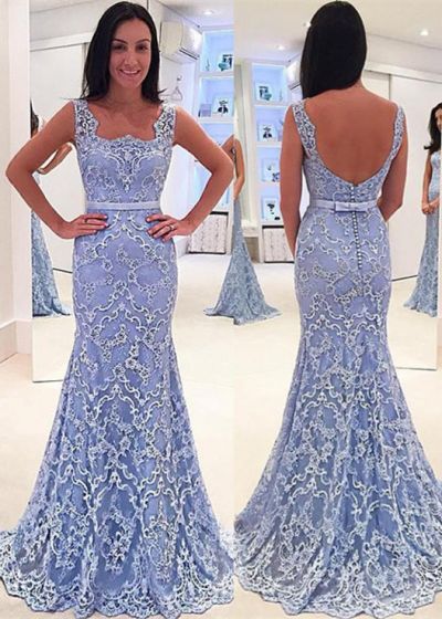 Column Scalloped-Edge Sleeveless Sweep / Brush Train Evening Dress With Lace