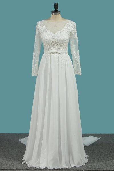 A-line Jewel Neck Long Sleeves Floor-length 100D Chiffon Bridal Attire With Beading