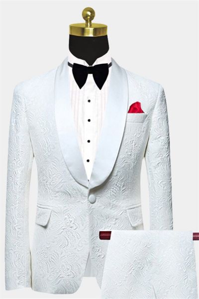 White Jacquard Wedding Suit with Shawl Lapel