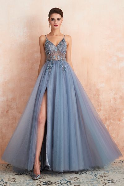 A-line V-neck Sleeveless Sweep / Brush Train Tulle Evening Dress With Sequins