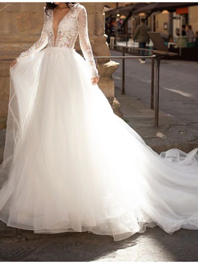 A-line Plunging Neckline Long Sleeves Court Train Tulle Bridal Gown With Lace