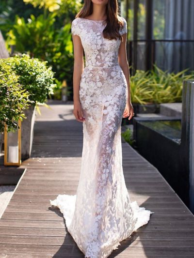 Mermaid Short Sleeves Sweep / Brush Train Lace Wedding Gown With Lace