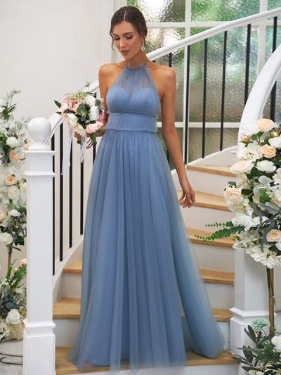 A-line Halter-neck Sleeveless Floor-length Bridesmaid Dress
