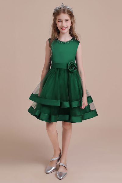 A-line Jewel Neck Sleeveless Knee-length Satin Flower Girl Dress With Bow