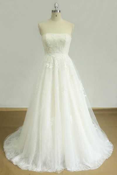 A-line Strapless Sleeveless Floor-length Tulle Bridal Attire With Appliques