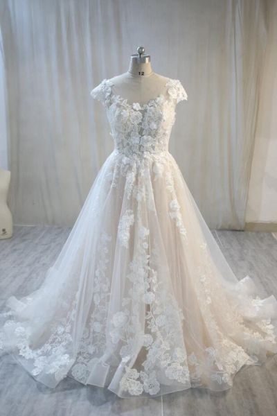 A-line Jewel Neck Sleeveless Sweep / Brush Train Lace Wedding Gown With Lace