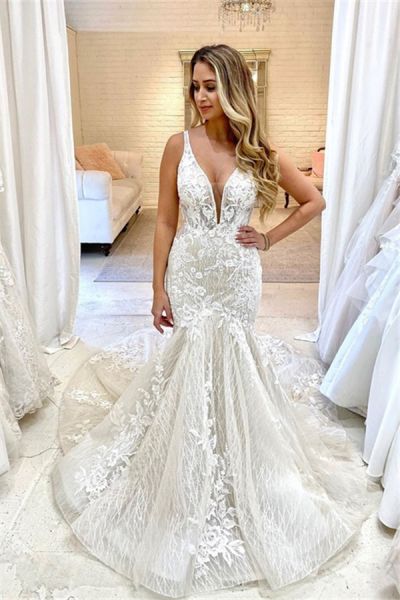 Mermaid Plunging Neckline Sleeveless Sweep / Brush Train Bridal Gown With Lace