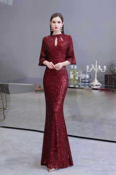 Mermaid Jewel Neck Half-Sleeves Sweep / Brush Train Evening Dress With Sequins