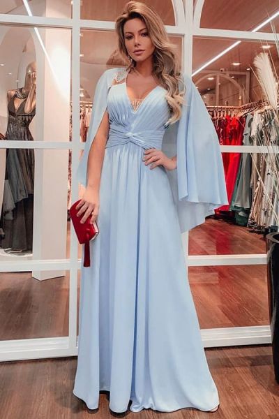 A-line V-neck Floor-length 100D Chiffon Evening Dress With Ribbons