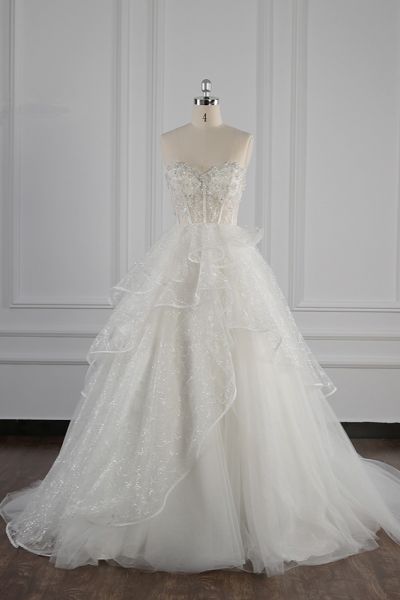 Ball Gown Strapless Sweetheart Neck Sleeveless Floor-length Tulle Wedding Dress With Lace