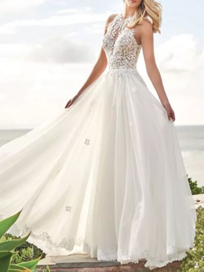 A-line Sleeveless Sweep / Brush Train Lace Bridal Dress With Lace