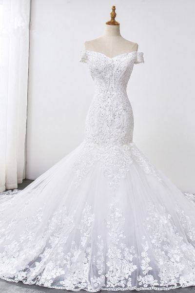 Mermaid Off-the-shoulder Sweetheart Neck Sleeveless Floor-length Tulle Bridal Attire With Beading