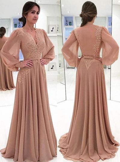 A-line V-neck Long Sleeves Sweep / Brush Train 100D Chiffon Evening Dress With Lace