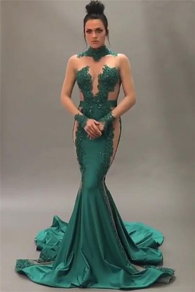 Mermaid High Neck Court Train Stretch Satin Evening Gown With Lace