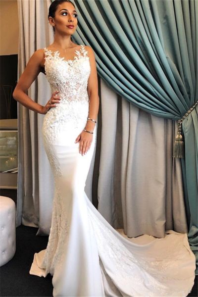 Mermaid Scoop Neck Sleeveless Sweep / Brush Train Wedding Gown With Lace