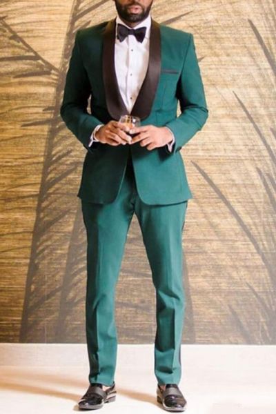 Dark Green One Button Wedding Suit with Black Shawl Lapel