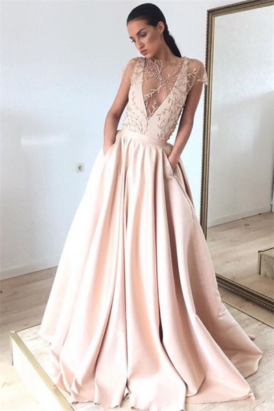 A-line Jewel Neck Floor-length Evening Dress With Beading
