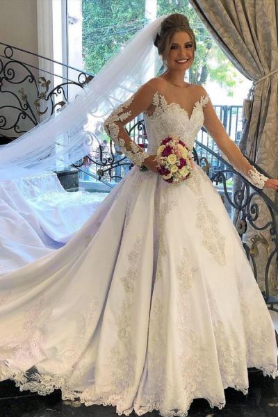 A-line Sweetheart Neck Long Sleeves Chapel Train Satin Wedding Dress With Lace