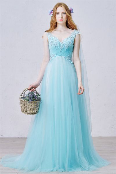 A-line V-neck Sleeveless Sweep / Brush Train Tulle Evening Dress With Flower(s)