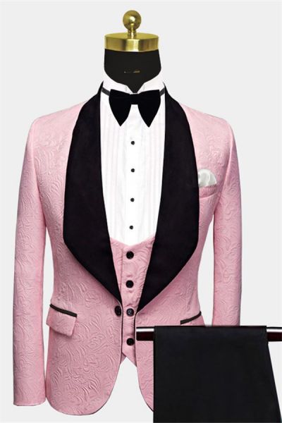 Pink Jacquard Prom Suit with Black Lapel