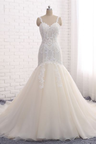 Mermaid Straps Sleeveless Court Train Tulle Wedding Gown With Appliques