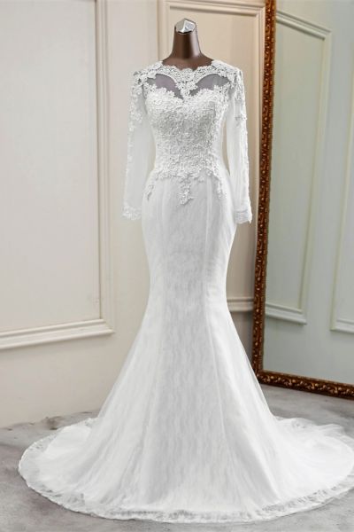 Mermaid Jewel Neck Long Sleeves Floor-length Tulle Wedding Gown With Lace