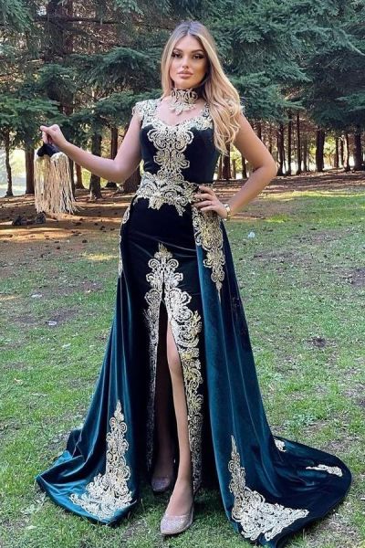 A-line High Neck Sleeveless Floor-length Velvet Evening Gown With Split Front