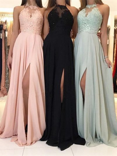 A-line Halter-neck Sleeveless Floor-length 100D Chiffon Evening Dress With Lace