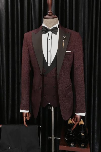 Burgundy Jacquard Wedding Men Suit