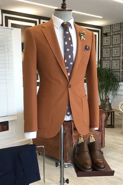 Orange Slim Fit Business Suit with Notched Lapel