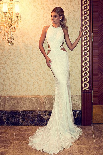 Mermaid Halter-neck Sleeveless Sweep / Brush Train 100D Chiffon Wedding Gown With Beading