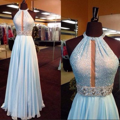 A-line Halter-neck Sleeveless Floor-length 100D Chiffon Formal Wear With Beading