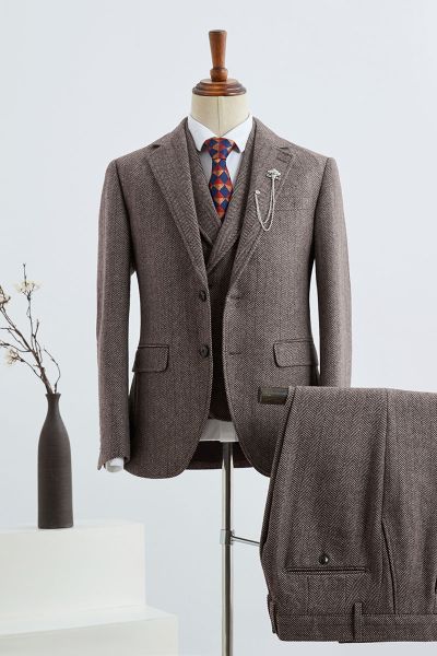 Coffee Striped Slim Fit Tailored Business Suit For Men