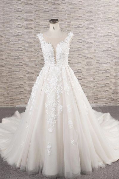 A-line Jewel Neck Sleeveless Chapel Train Tulle Bridal Gown With Appliques