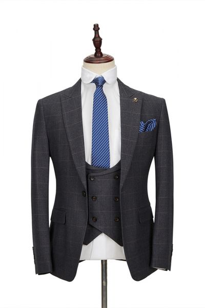 Dark Gray Plaid 3 Piece Double Breasted Men's Suit