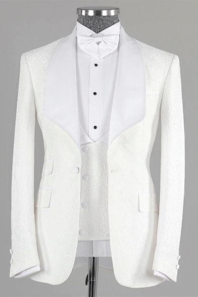 White Jacquard Three Pieces Bespoke Wedding Men Suit