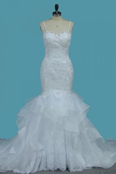 Mermaid Straps Sweetheart Neck Sleeveless Floor-length Tulle Bridal Gown With Ruffles