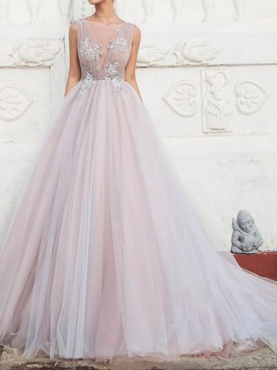 A-line Sleeveless Tulle Wedding Gown With Sweep / Brush Train