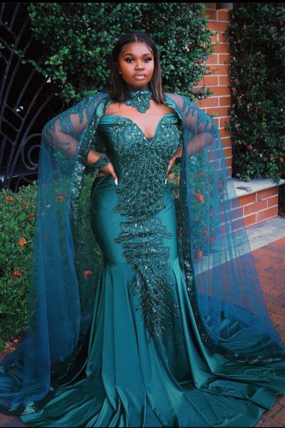 Mermaid Jewel Neck Halter-neck Long Sleeves Sweep / Brush Train Stretch Satin Evening Dress With Beading